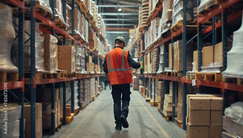 A man is moving through a warehouse with numerous boxes in the building. He navigates the aisles filled with goods stacked on pallets