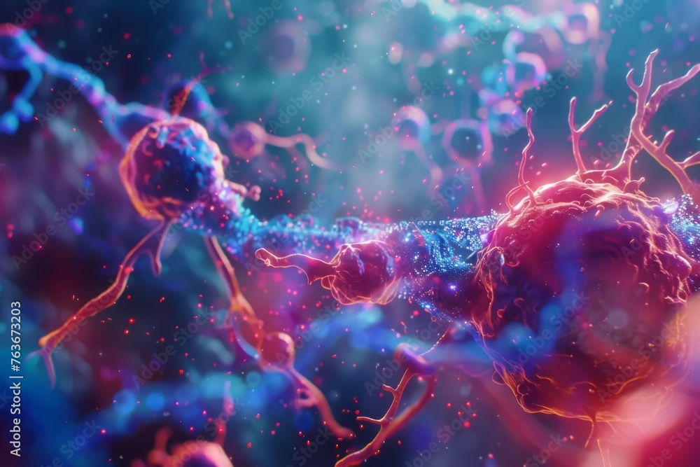 Naklejka premium Vivid illustration of human neural connections - A high-definition, colorful representation of neurons connecting, symbolizing the complexity and beauty of the human brain