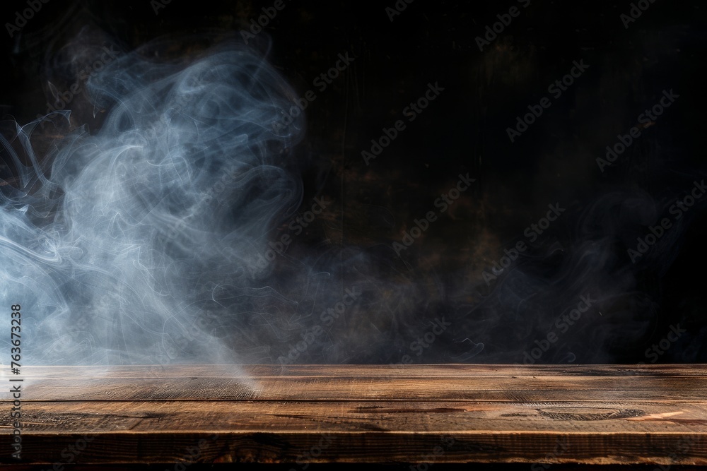 Whisps of ethereal smoke rise above a rustic wooden table, creating a mysterious and atmospheric scene.