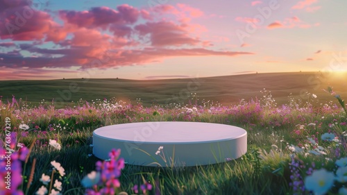 White podium against a blooming grassland sunset - An empty white podium positioned in a blooming grassland with the warm glow of the sunset sky above © Tida