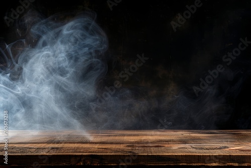 Whisps of ethereal smoke rise above a rustic wooden table, creating a mysterious and atmospheric scene.