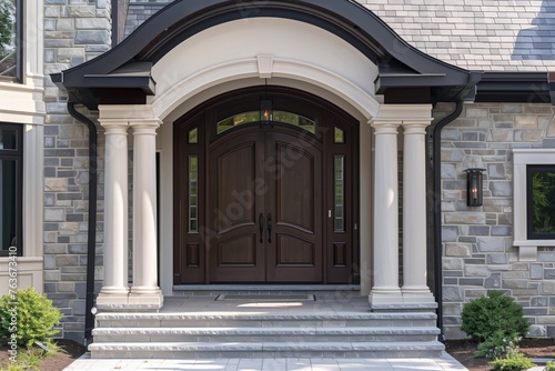 A brick building with a large arched porch showcases a grand front door, surrounded by intricate brickwork and a few plant fixtures