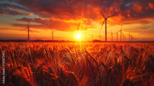 Wind farm field and sunset sky. Wind power. Sustainable, renewable energy. Wind turbines generate electricity. Sustainable development. Green technology for energy sustainability. Eco-friendly energy © Jennifer