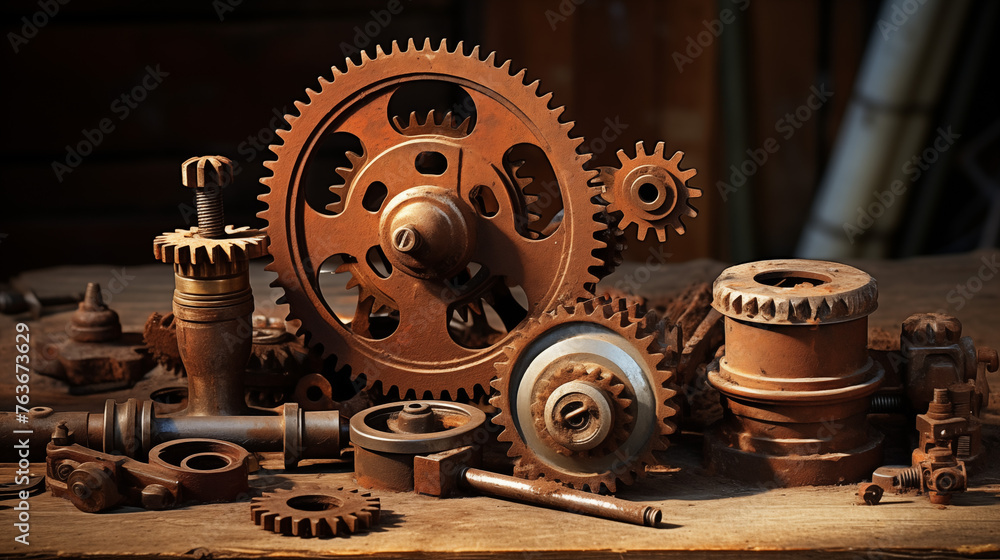 Antique mechanical components on wooden surface