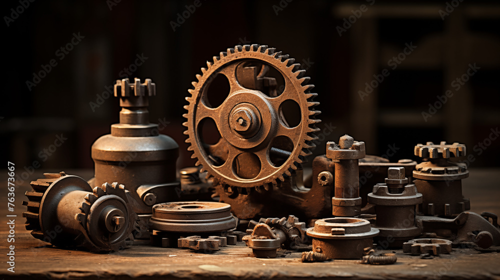 Collection of rustic mechanical parts and tools