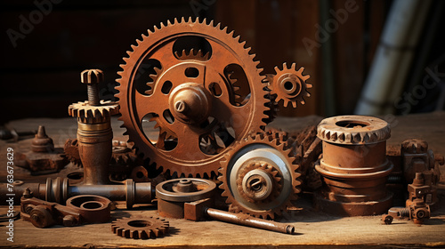 Antique mechanical components on wooden surface