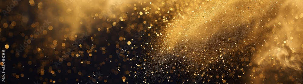Golden flecks dance in a mesmerizing cloud of sparkle across a dark, panoramic stage, evoking luxury and enchantment.