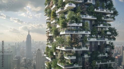 A towering skyscraper with terraced gardens  and mini landscaping tools and workers planting trees 