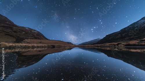 A tranquil mountain lake reflects a sky filled with stars. The silence of the night and the clarity 