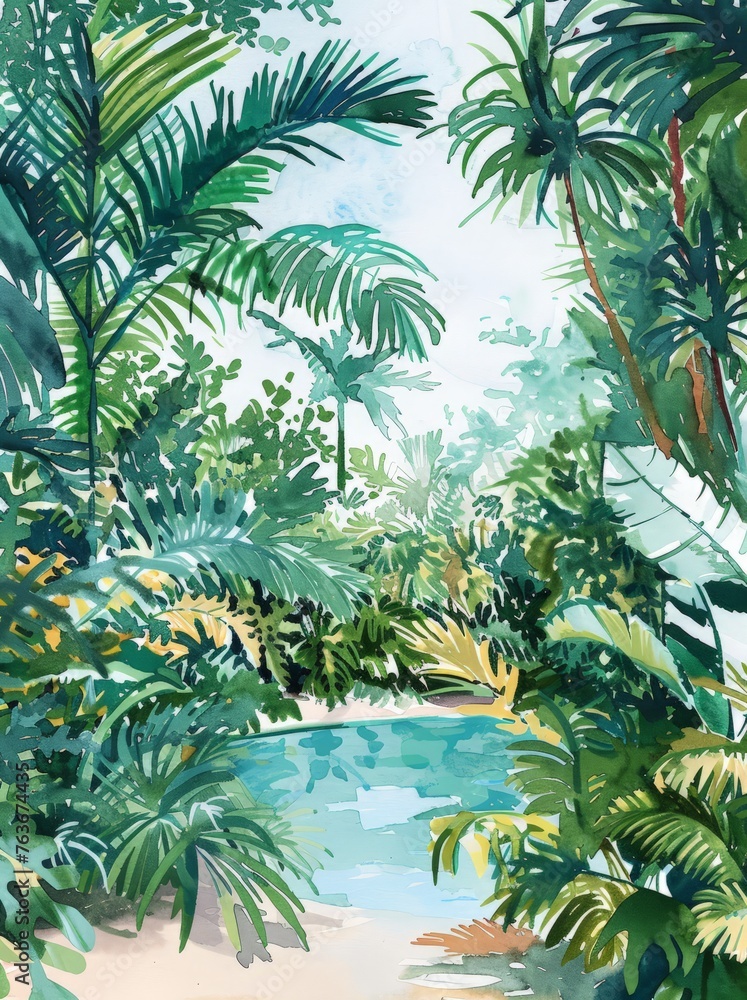 Fototapeta premium A vibrant painting featuring lush palm trees swaying in a tropical setting