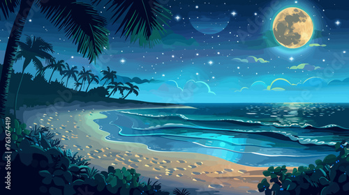 a painting of a beach at night with a full moon