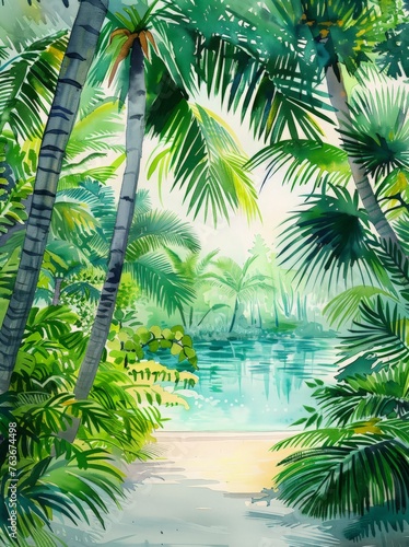 A painting showcasing lush palm trees in a vibrant tropical setting under a sunny sky