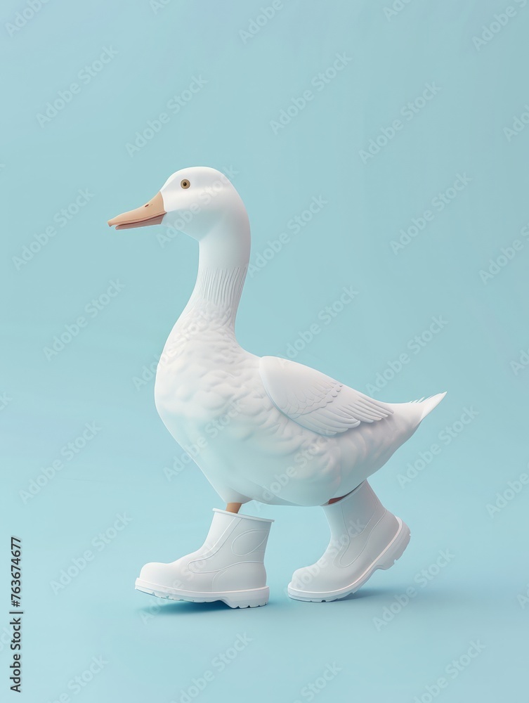 Fototapeta premium A white duck is standing on a vibrant blue background, looking around attentively