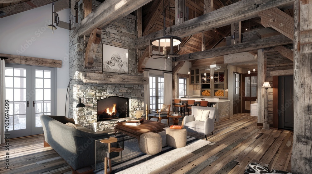 An office designed to mirror a cozy mountain lodge, offering properties in popular ski resort areas.  - obrazy, fototapety, plakaty 