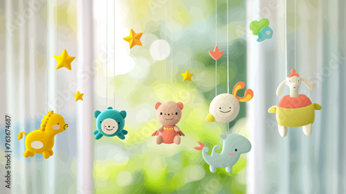 a group of stuffed animals hanging from strings