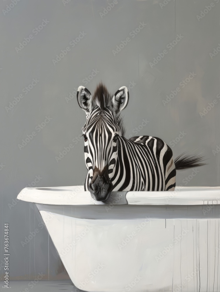 Fototapeta premium A zebra is lying down comfortably in a filled bathtub, enjoying a relaxing moment
