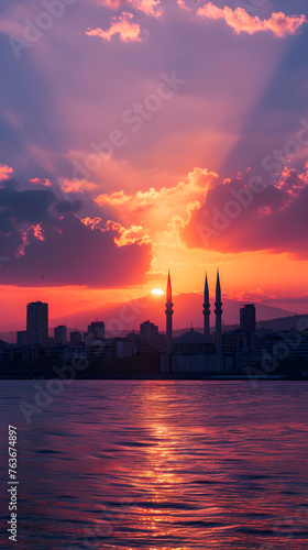 Izmir Twilight: A Captivating Sunset Over the Aegean Sea, Silhouetting the Magnificent Cityscape of Izmir, Turkey