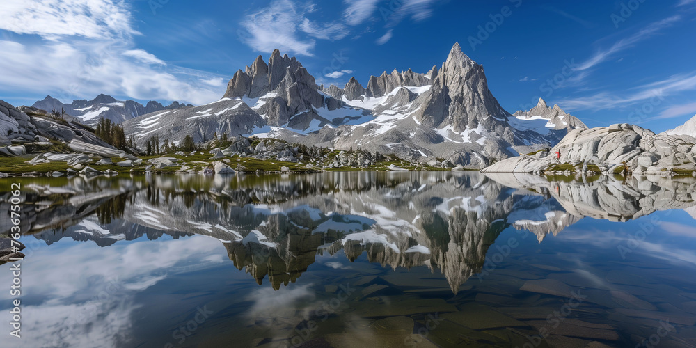 A mountain range is reflected in a lake
