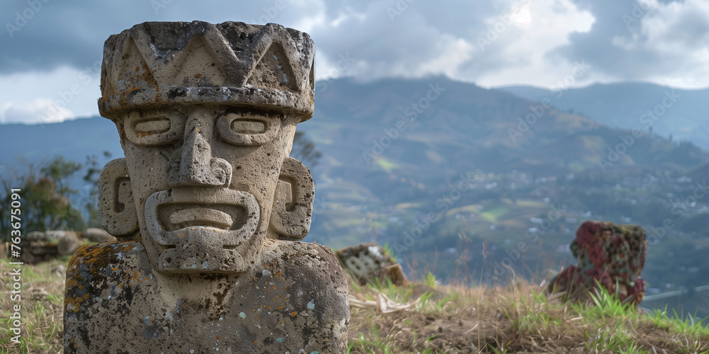 Obraz premium A statue of a man with a big nose and a big mouth is sitting on a hill