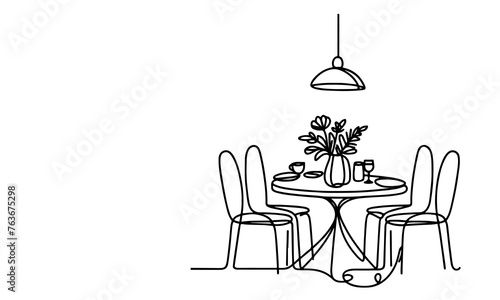one continuous black line drawing Dining table and chairs outline doodle vector illustration on white background