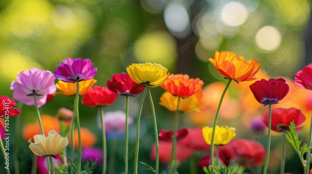 Fototapeta premium A Row of Colorful Flowers With a Blurry Background