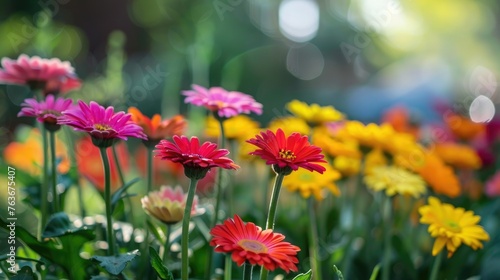 A Row of Colorful Flowers With a Blurry Background © ISK PRODUCTION