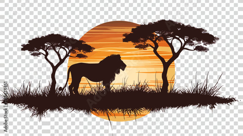 a silhouette of a lion standing in front of a sunset