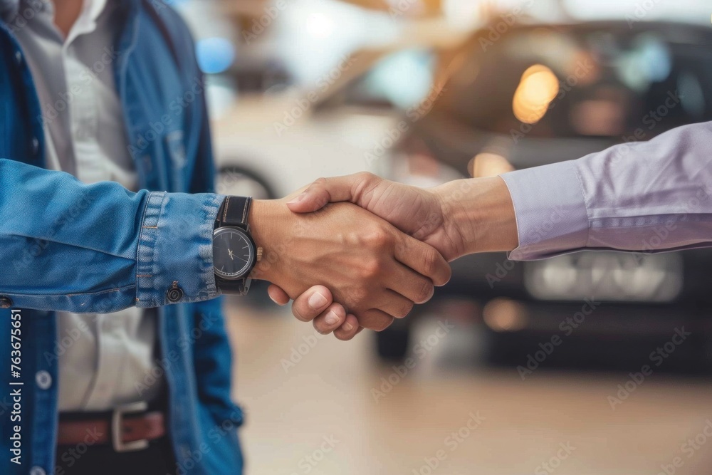 Transportation car rental or sell or buy automotive business concept, shake hands in a car background. - obrazy, fototapety, plakaty 