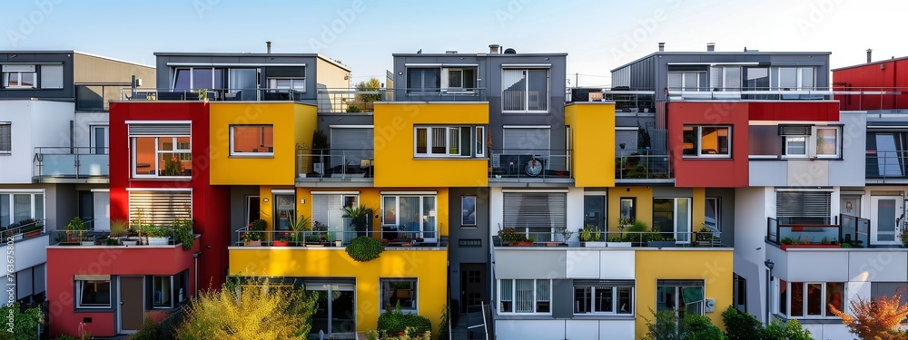 A row of vibrant apartment buildings with unique facades and colorful fixtures, located in a residential area with wellmaintained asphalt roads and beautiful window displays