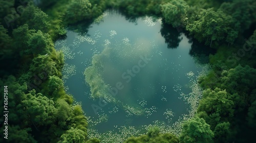 From a bird s eye view  there is a lake in the middle of a green forest