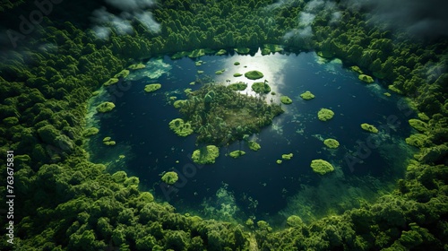 From a bird's eye view, there is a lake in the middle of a green forest