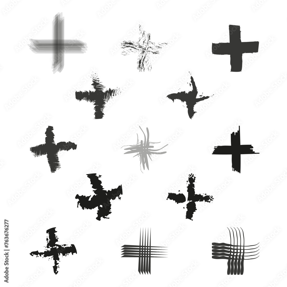 Assorted collection of artistic black cross symbols with various brush strokes. Vector illustration. EPS 10.