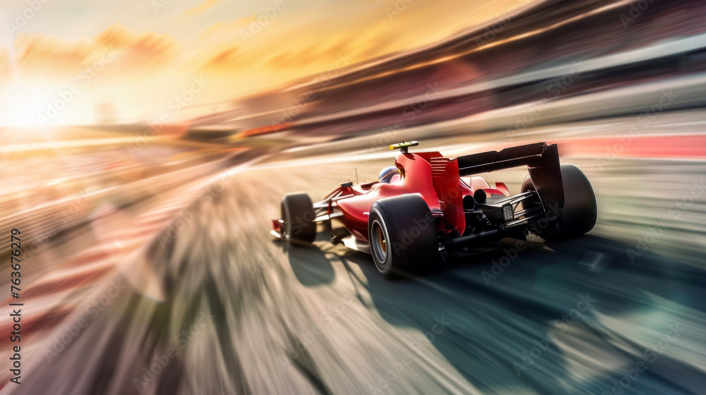 A race car is speeding down a track. - obrazy, fototapety, plakaty 
