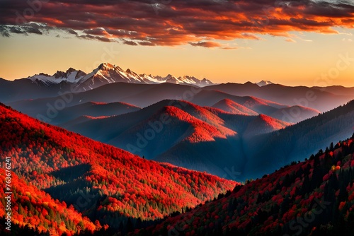 Golden Glow: Majestic Autumn Mountains Amidst Crimson and Gold - Nature's Ethereal Beauty