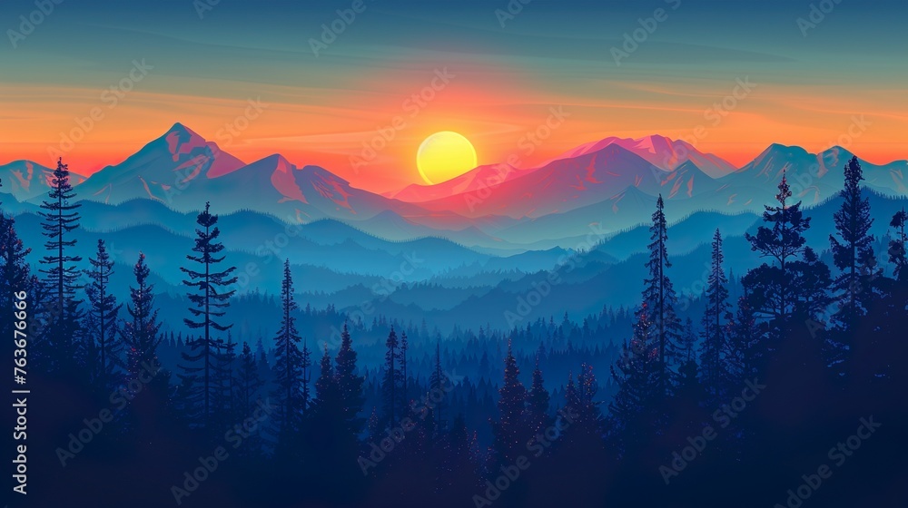 Sunset in the mountains with pine trees and coniferous forest