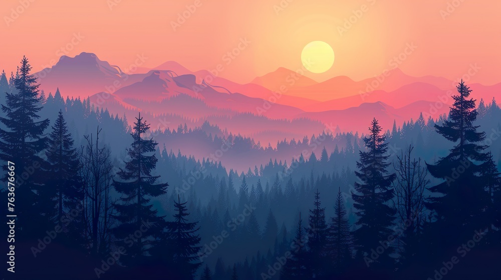 Obraz premium Sunset in the mountains with pine trees and coniferous forest