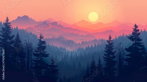 Sunset in the mountains with pine trees and coniferous forest photo