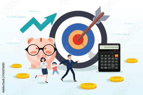 Family people with piggy bank, calculator and financial target, family financial planning, saving or investment plan, money and wealth management, budget, debt and mortgage, pension fund (Vector)