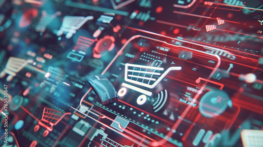 a computer mouse cursor clicking on a 'Buy Now' button, surrounded by virtual shopping carts and digital payment icons a computer mouse cursor clicking on a 'Buy Now' button, surrounded by virtual shopping carts and digital payment icons