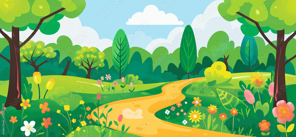 Cheerful cartoon forest path with lush trees and flowers, perfect for children's book illustrations.