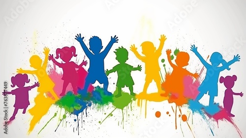 Children silhouettes with paint splatters, ideal for playful and educational concepts.