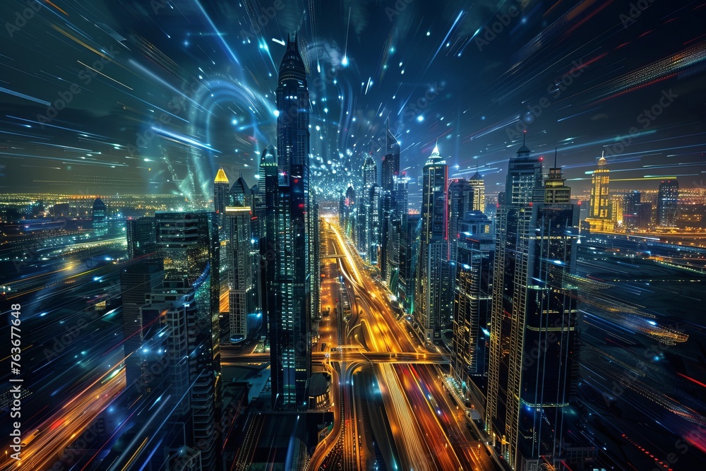 A mesmerizing wallpaper design portraying a bustling city skyline at night, with skyscrapers aglow with colorful lights and the streets below alive with activity, Generative AI A mesmerizing wallpaper design portraying a bustling city skyline at night, with skyscrapers aglow with colorful lights and the streets below alive with activity, Generative AI