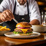Cheese burger - American cheese burger with fresh salad and french fries