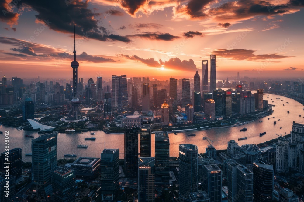 Fototapeta premium A mesmerizing wallpaper design showcasing a bustling city skyline at sunset, with warm hues painting the sky and the city coming alive with activity, creating a sense of warmth, Generativem AI