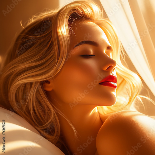 Portrait of beautiful young woman with red lips lying in bed.