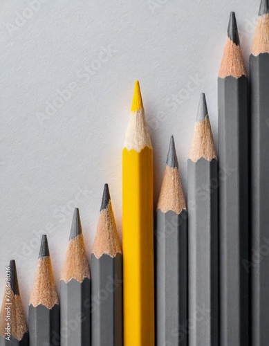 Gray colored pencils, one yellow colored pencil in one line on white paper background with copy space