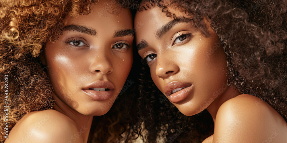 two black models with curly hair in front of a soft background, generative AI two black models with curly hair in front of a soft background, generative AI
