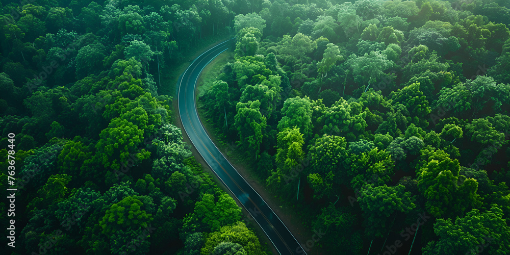 op view road and green trees from above in the summer forest, forest narrow street road adventure, road through the green forest