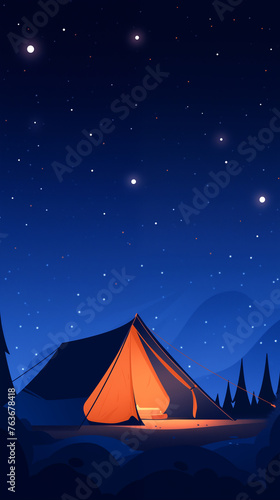 Hand drawn cartoon illustration of camping tent under the starry sky