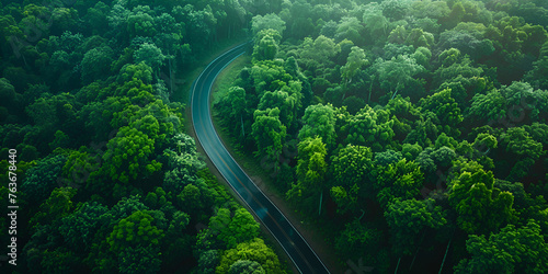 op view road and green trees from above in the summer forest, forest narrow street road adventure, road through the green forest © Scene